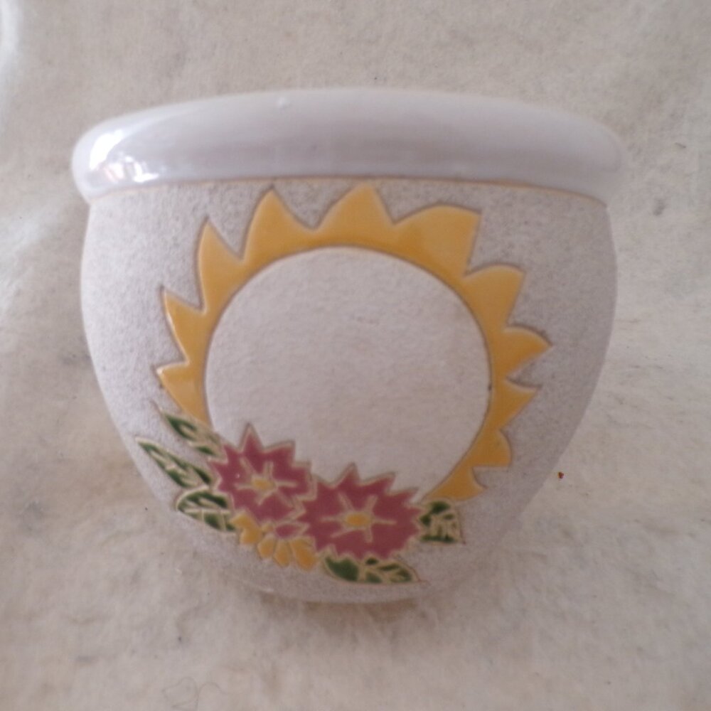 Sun and Flower Design Pot Ceramic Planter Garden 2 Sided